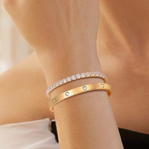 18k bracelet set with gold bangle with hearts love and tennis bracelet CZ - Picture 2 of 3